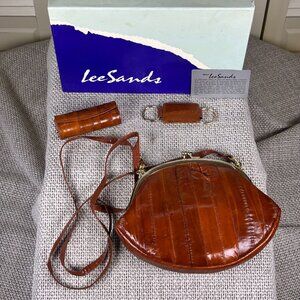 Vintage NIB Lee Sands Cognac Brown Eel Skin Clutch Set Lipstick Case Key chain